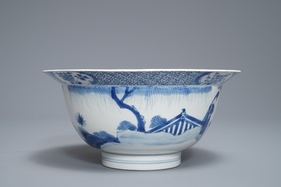 A Chinese blue and white klapmuts bowl with figural design, Jiajing mark, Kangxi
