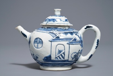Een Chinese blauwwitte theepot met reli&euml;fdecor, Kangxi