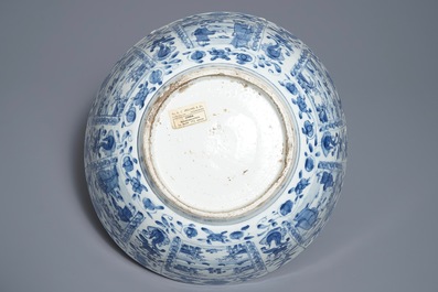 A large Chinese blue and white kraak porcelain bowl with figurative panels, Wanli
