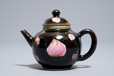 A small Chinese famille rose black ground teapot and cover, Yongzheng/Qianlong