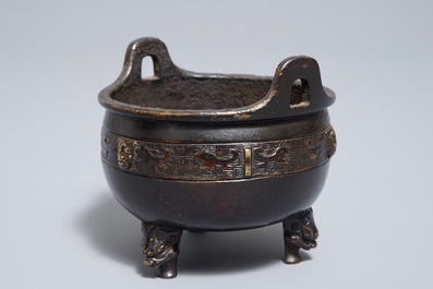 A Chinese bronze tripod incense burner, Xuande mark, 19th C.