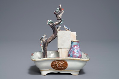 A Chinese famille rose basin with birds, prune tree and a vase, Qianlong