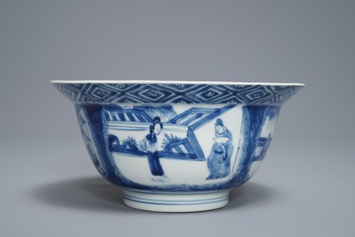 Een Chinese blauwwitte klapmutskom met figuren, Kangxi merk en periode