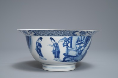 A Chinese blue and white klapmuts bowl with figural design, Jiajing mark, Kangxi