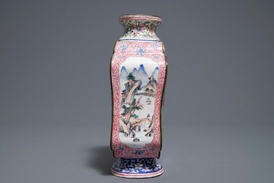 A Chinese Canton enamel vase with birds on flowering branches, Qianlong