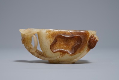 A Chinese lotus-shaped russet jade libation cup, 18/19th C.