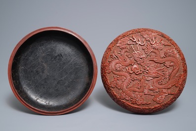 A Chinese cinnabar lacquer 'dragon' box, Qianlong mark, 18/19th C.