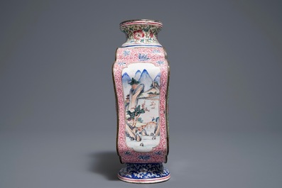 A Chinese Canton enamel vase with birds on flowering branches, Qianlong