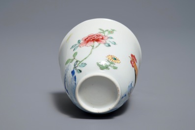 A Chinese famille rose cup and saucer with roosters, Yongzheng