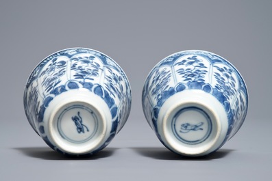 A pair of Chinese blue and white cups and saucers with Johanneum marks, Kangxi