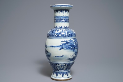 A Chinese blue and white vase with figures in a landscape, 19th C.