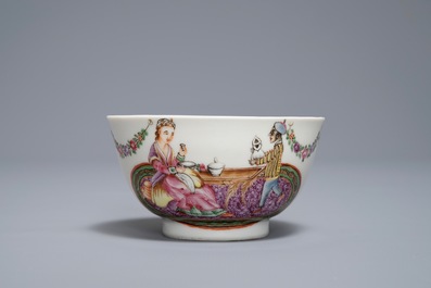 A Chinese famille rose 'European subject' cup and saucer, Qianlong