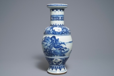 A Chinese blue and white vase with figures in a landscape, 19th C.