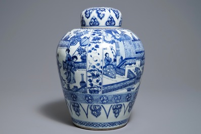 A large Chinese blue and white 'ladies' jar and cover, Kangxi