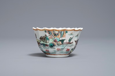 A Chinese famille rose cup and saucer with fishermen, Yongzheng