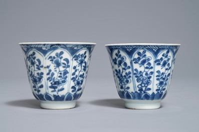 A pair of Chinese blue and white cups and saucers with Johanneum marks, Kangxi