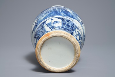 A Chinese blue and white vase with figures in a landscape, 19th C.