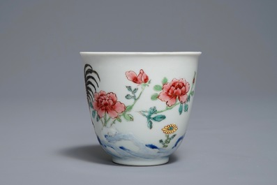A Chinese famille rose cup and saucer with roosters, Yongzheng
