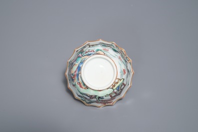 A Chinese famille rose cup and saucer with fishermen, Yongzheng
