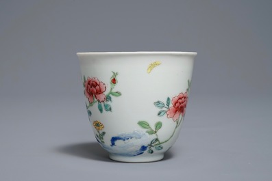 A Chinese famille rose cup and saucer with roosters, Yongzheng