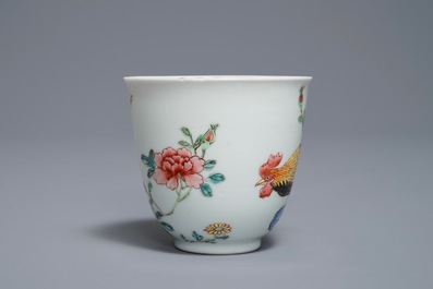 A Chinese famille rose cup and saucer with roosters, Yongzheng