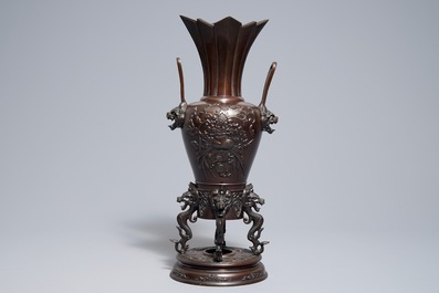 A tall Japanese bronze koro incense burner, Meiji, 19th C.
