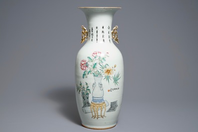 A Chinese famille rose double design vase, 19/20th C.
