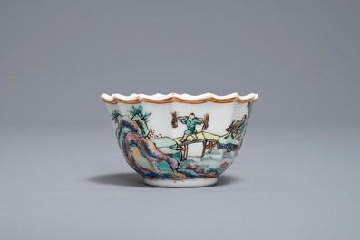 A Chinese famille rose cup and saucer with fishermen, Yongzheng