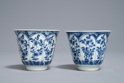 A pair of Chinese blue and white cups and saucers with Johanneum marks, Kangxi