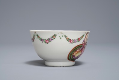 A Chinese famille rose 'European subject' cup and saucer, Qianlong