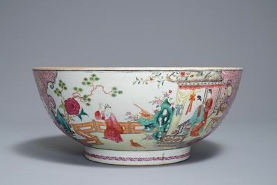 A large Chinese famille rose bowl with figures in a garden, Yongzheng