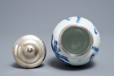 A Chinese blue and white silver-mounted tea caddy, Kangxi