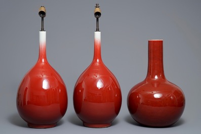 Three Chinese sang-de-boeuf-glazed bottle vases, 20th C.