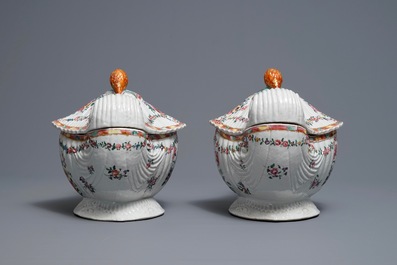 A pair of Chinese neoclassical famille rose tureens on stands, Qianlong