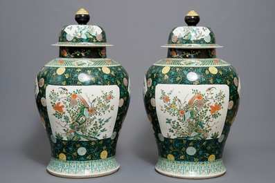 A pair of large Chinese famille noire vases and covers, 19/20th C.