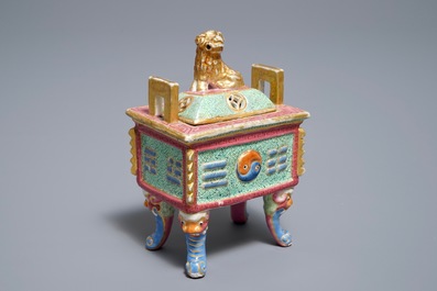 A Chinese famille rose censer and cover, 19th C.