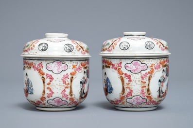 Een paar Chinese famille rose dekselpotten, Yongzheng/Qianlong