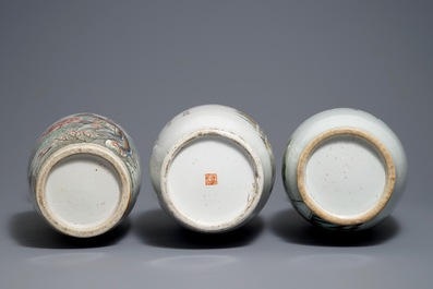 Three Chinese famille rose and qianjiang cai vases, 19/20th C.