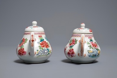 A pair of Chinese famille rose teapots with dogs, Yongzheng