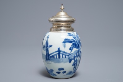 A Chinese blue and white silver-mounted tea caddy, Kangxi
