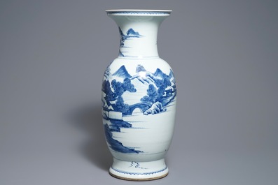 A Chinese blue and white landscape vase, 19th C.