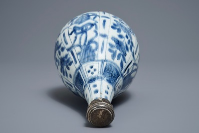 A Chinese blue and white silver-mounted bottle vase, Wanli