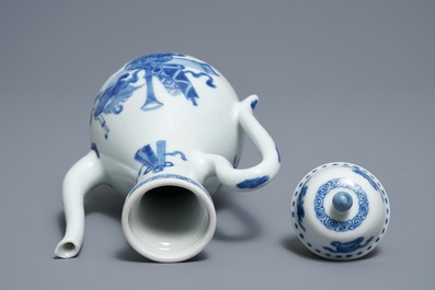 A Chinese blue and white ewer and cover with 'antiquities' design, Kangxi