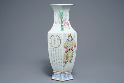 A hexagonal Chinese famille rose 'Wu Shuang Pu' vase, 19th C.
