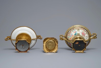 Three Chinese Canton famille rose bronze-mounted wares, 19th C.