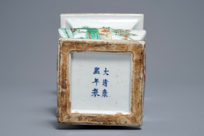 A square Chinese famille verte vase, Kangxi mark, 19/20th C.