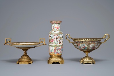 Three Chinese Canton famille rose bronze-mounted wares, 19th C.