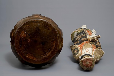 A large Japanese Satsuma figure of Kannon on laquered wooden stand, Meiji, 19/20th C.