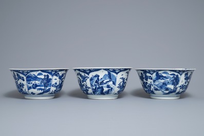 Three large Chinese blue and white bowls, Kangxi