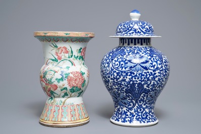 Two Chinese famille rose and blue and white vases and a dish, 19th C.